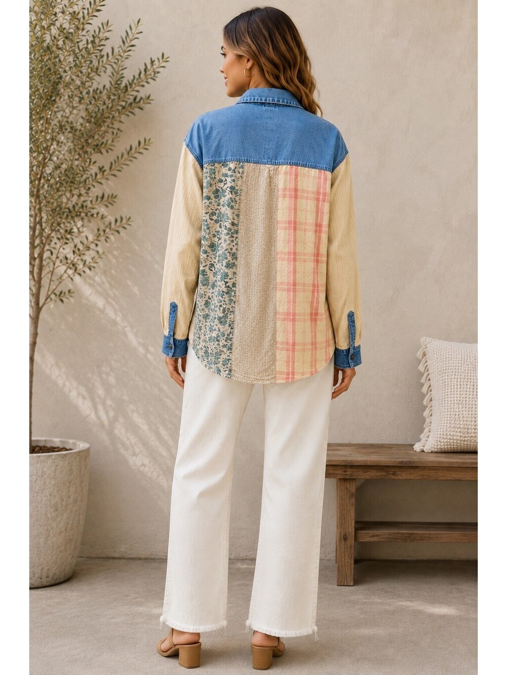 YOUNG THREADS Patchwork Denim Mixed Print Button Down Shirt Top NWT Large - Picture 4 of 5
